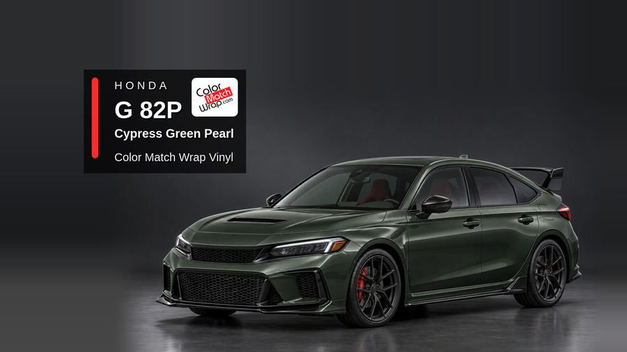 Illustrative Civic Type R-inspired hatchback in Honda G 82P Cypress Green Pearl with Color Match Wrap branding