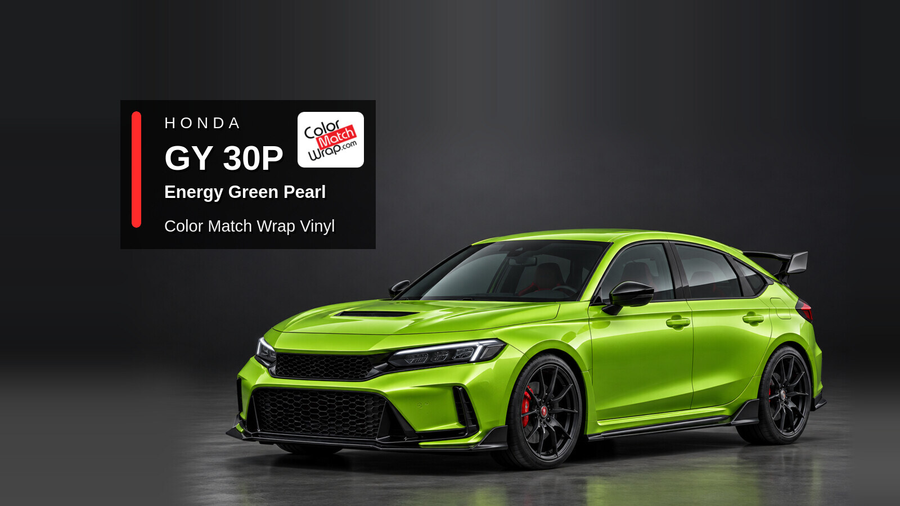 Illustrative Civic Type R-inspired hatchback in Honda GY 30P Energy Green Pearl with Color Match Wrap branding