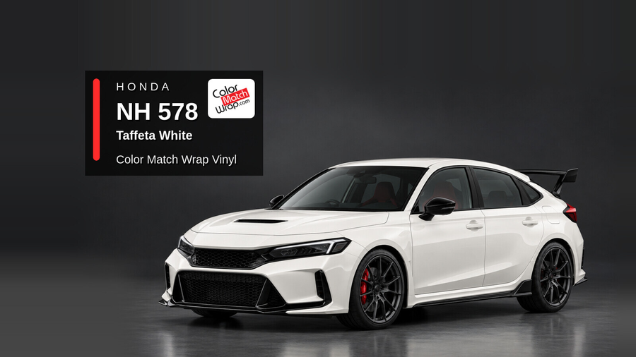 Illustrative Civic Type R-inspired hatchback in Honda NH 578 Taffeta White with Color Match Wrap branding