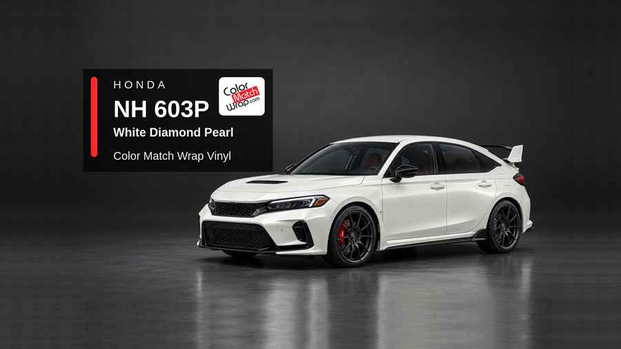 Illustrative Civic Type R-inspired hatchback in Honda NH 603P White Diamond Pearl with Color Match Wrap branding
