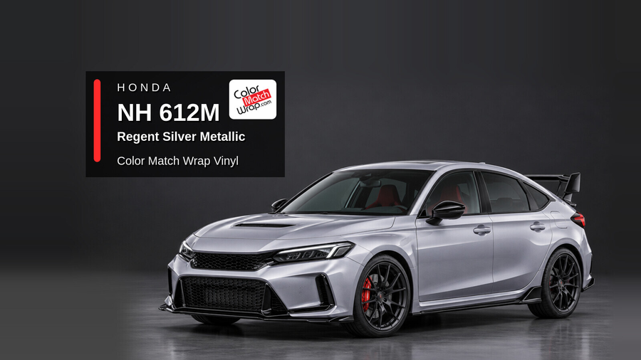 Illustrative Civic Type R-inspired hatchback in Honda NH 612M Regent Silver Metallic with Color Match Wrap branding