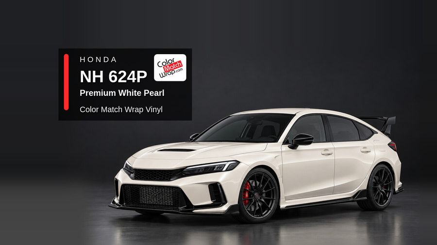 Illustrative Civic Type R-inspired hatchback in Honda NH 624P Premium White Pearl with Color Match Wrap branding
