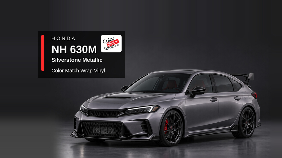 Illustrative Civic Type R-inspired hatchback in Honda NH 630M Silverstone Metallic / Magnesium Metallic with Color Match Wrap branding