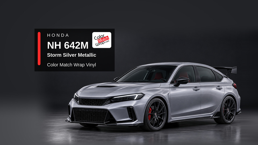 Illustrative Civic Type R-inspired hatchback in Honda NH 642M Storm Silver Metallic with Color Match Wrap branding