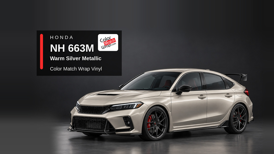 Illustrative Civic Type R-inspired hatchback in Honda NH 663M Warm Silver Metallic / Light Gold Metallic with Color Match Wrap branding