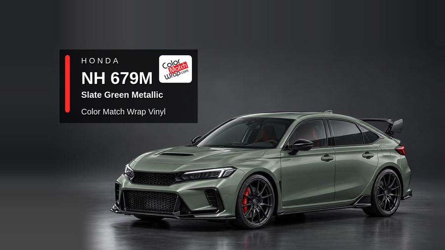 Illustrative Civic Type R-inspired hatchback in Honda NH 679M Slate Green Metallic with Color Match Wrap branding