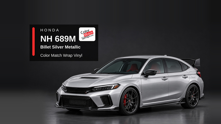 Illustrative Civic Type R-inspired hatchback in Honda NH 689M Billet Silver Metallic / Brilliant Silver Metallic with Color Match Wrap branding