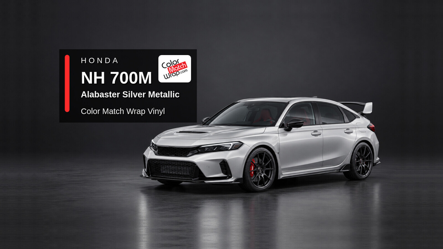 Illustrative Civic Type R-inspired hatchback in Honda NH 700M Alabaster Silver Metallic with Color Match Wrap branding