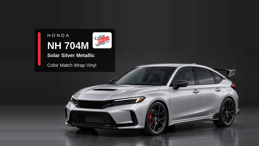 Illustrative Civic Type R-inspired hatchback in Honda NH 704M Solar Silver Metallic with Color Match Wrap branding