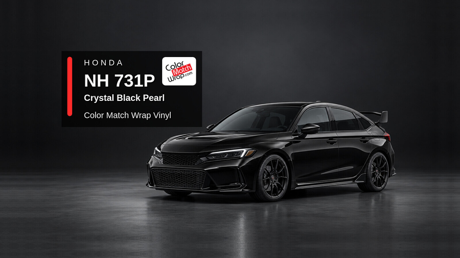 Illustrative Civic Type R-inspired hatchback in Honda NH 731P Crystal Black Pearl with Color Match Wrap branding
