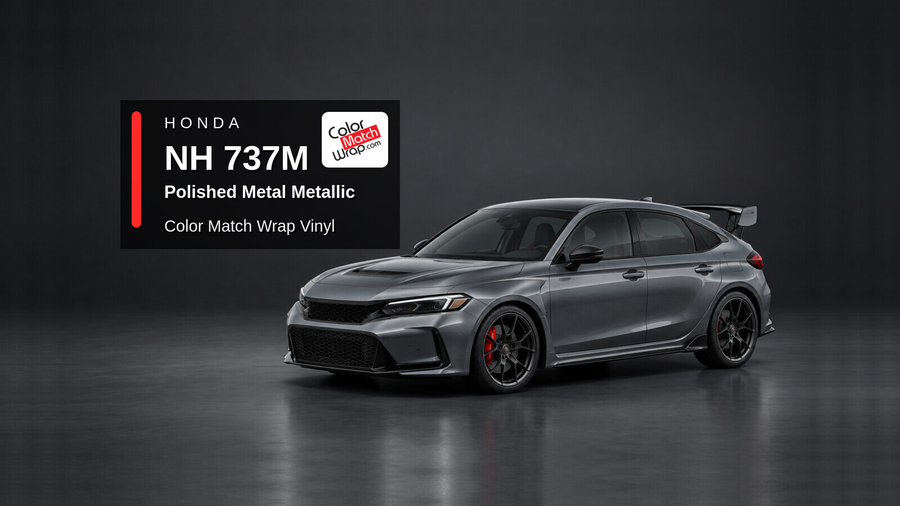 Illustrative Civic Type R-inspired hatchback in Honda NH 737M Polished Metal Metallic with Color Match Wrap branding