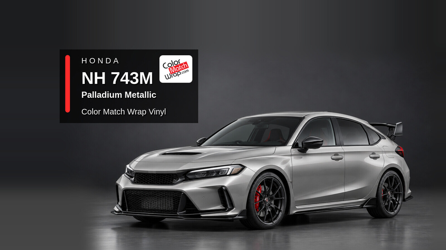 Illustrative Civic Type R-inspired hatchback in Honda NH 743M Palladium Metallic / Buran Silver Metallic with Color Match Wrap branding