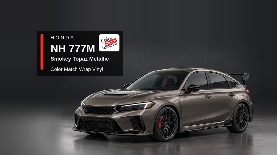 Illustrative Civic Type R-inspired hatchback in Honda NH 777M Smokey Topaz Metallic with Color Match Wrap branding