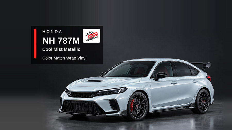 Illustrative Civic Type R-inspired hatchback in Honda NH 787M Cool Mist Metallic / Frosty White Metallic with Color Match Wrap branding