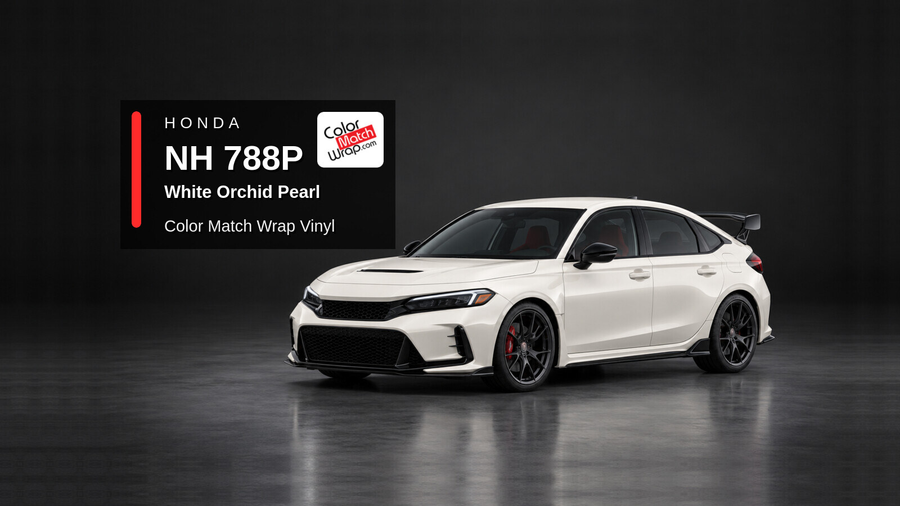 Illustrative Civic Type R-inspired hatchback in Honda NH 788P White Orchid Pearl with Color Match Wrap branding