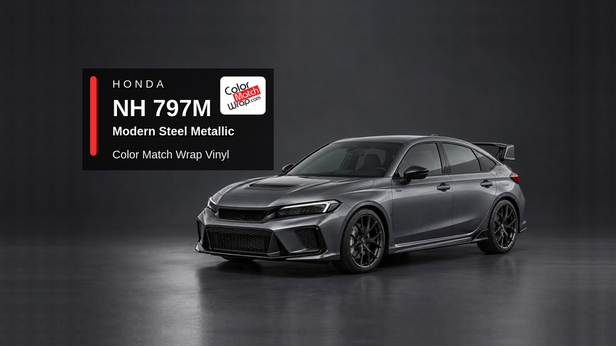 Illustrative Civic Type R-inspired hatchback in Honda NH 797M Modern Steel Metallic with Color Match Wrap branding