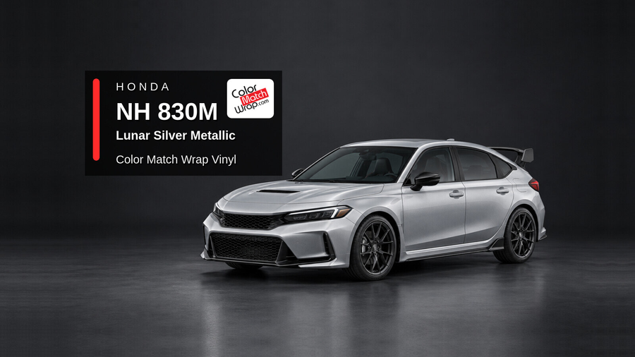 Illustrative Civic Type R-inspired hatchback in Honda NH 830M Lunar Silver Metallic with Color Match Wrap branding