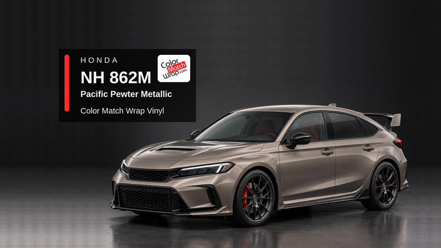 Illustrative Civic Type R-inspired hatchback in Honda NH 862M Pacific Pewter Metallic with Color Match Wrap branding