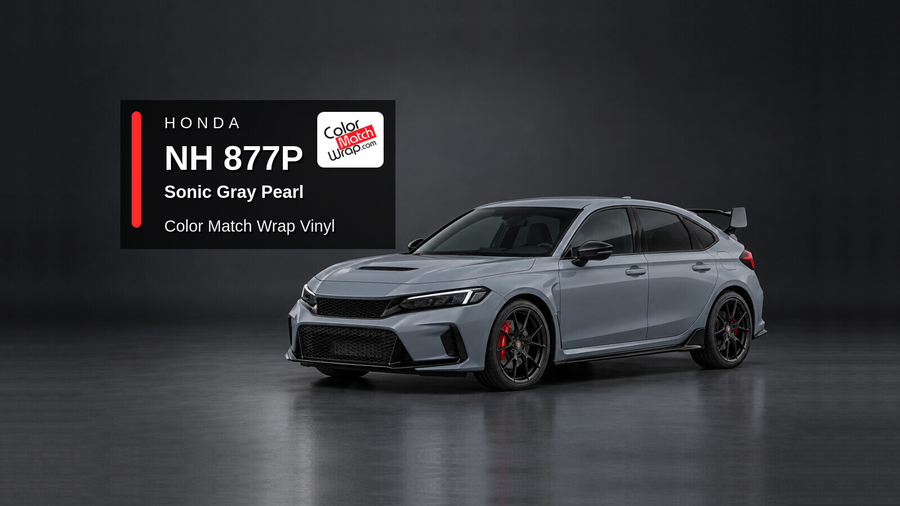 Illustrative Civic Type R-inspired hatchback in Honda NH 877P Sonic Gray Pearl with Color Match Wrap branding