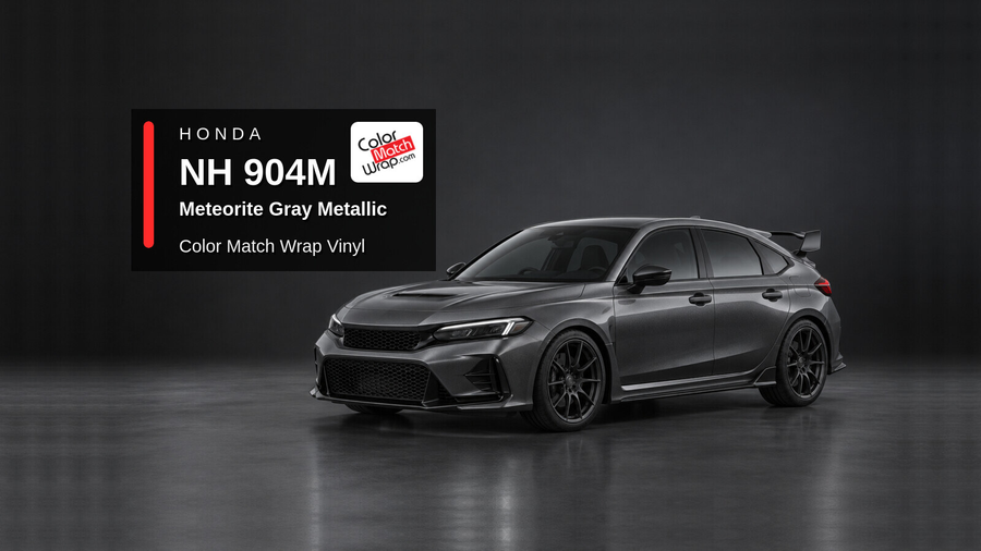 Illustrative Civic Type R-inspired hatchback in Honda NH 904M Meteorite Gray Metallic with Color Match Wrap branding
