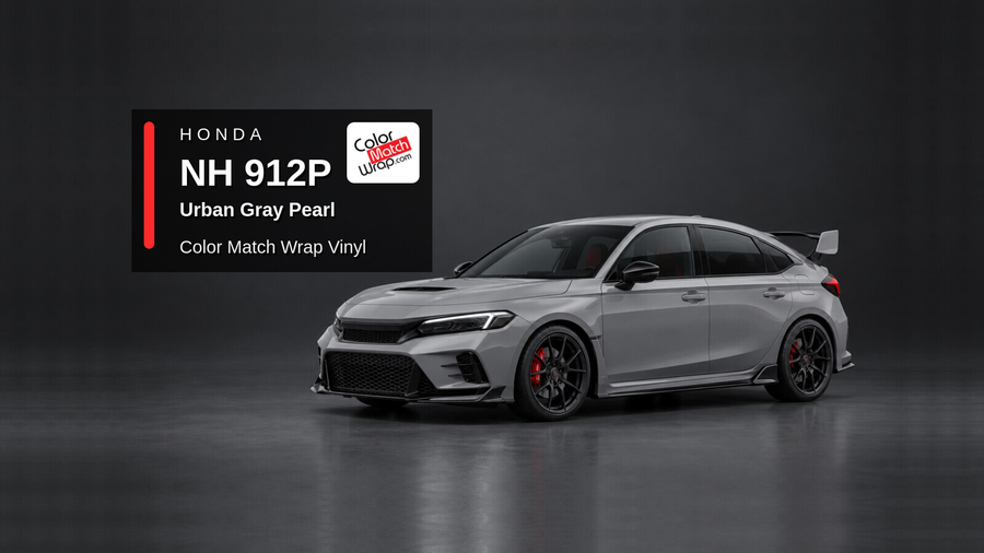 Illustrative Civic Type R-inspired hatchback in Honda NH 912P Urban Gray Pearl with Color Match Wrap branding