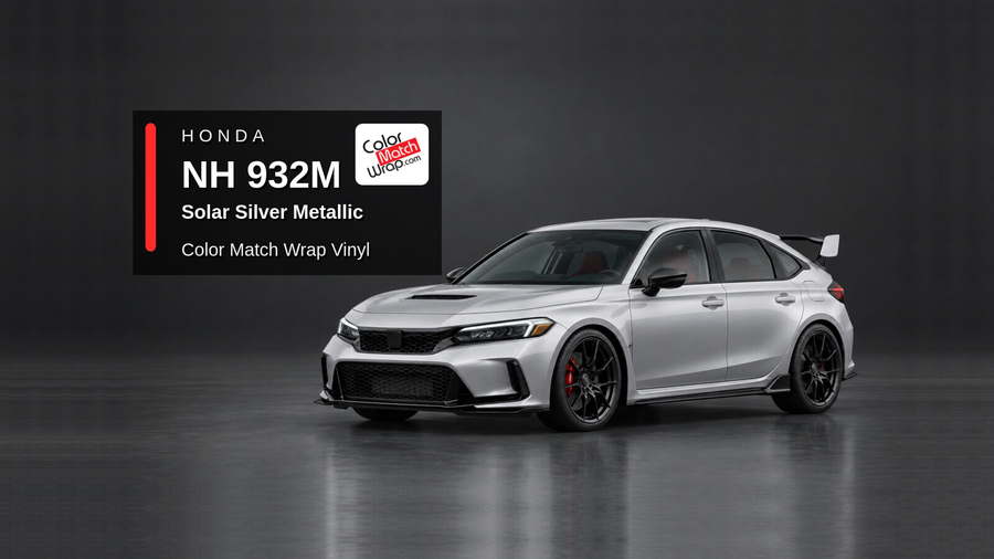 Illustrative Civic Type R-inspired hatchback in Honda NH 932M Solar Silver Metallic with Color Match Wrap branding