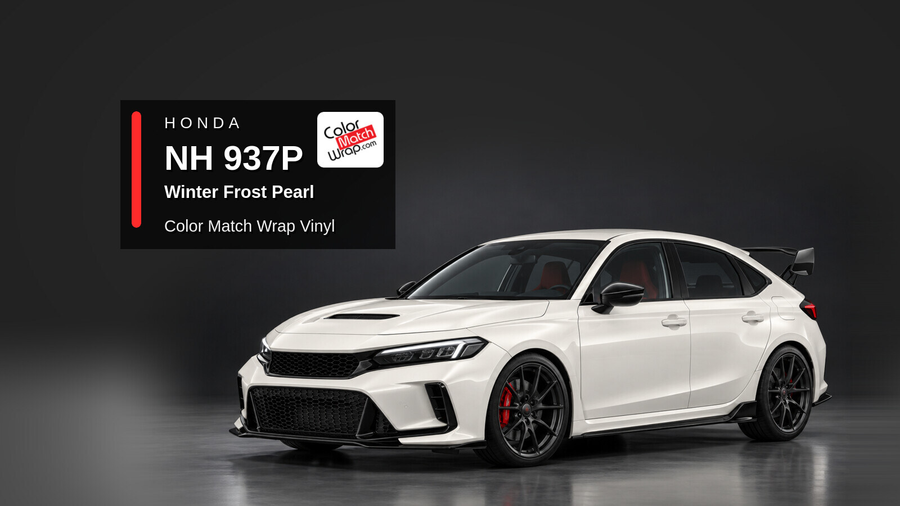 Illustrative Civic Type R-inspired hatchback in Honda NH 937P Winter Frost Pearl with Color Match Wrap branding