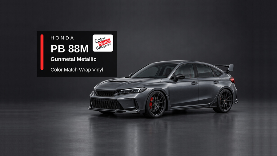 Illustrative Civic Type R-inspired hatchback in Honda PB 88M Gunmetal Metallic with Color Match Wrap branding