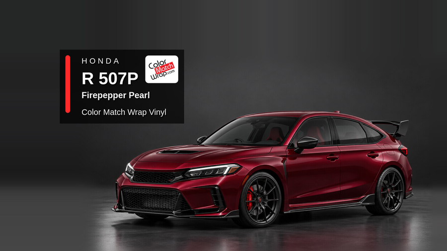 Illustrative Civic Type R-inspired hatchback in Honda R 507P Firepepper Pearl with Color Match Wrap branding
