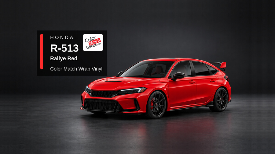 Illustrative Civic Type R-inspired hatchback in Honda R 513 Rallye Red with Color Match Wrap branding