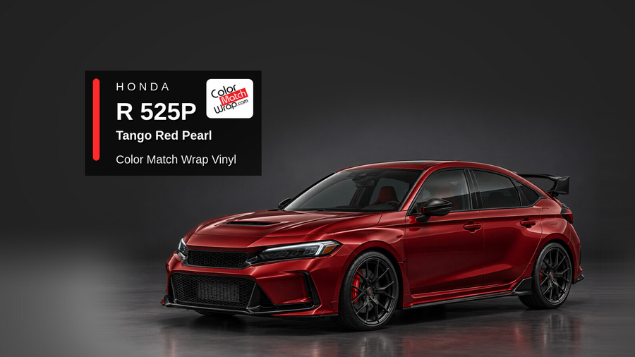 Illustrative Civic Type R-inspired hatchback in Honda R 525P Tango Red Pearl with Color Match Wrap branding