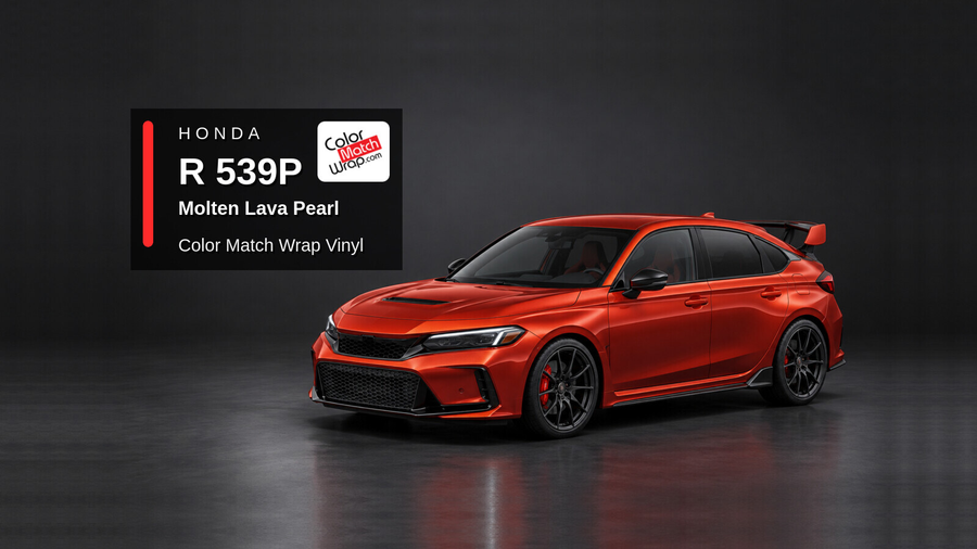 Illustrative Civic Type R-inspired hatchback in Honda R 539P Molten Lava Pearl with Color Match Wrap branding