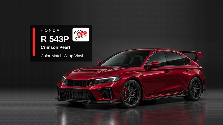 Illustrative Civic Type R-inspired hatchback in Honda R 543P Crimson Pearl with Color Match Wrap branding