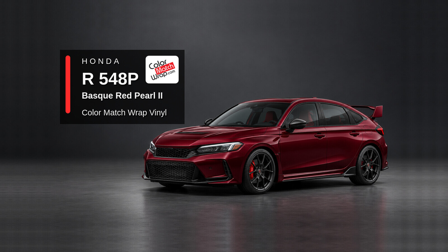 Illustrative Civic Type R-inspired hatchback in Honda R 548P Basque Red Pearl II with Color Match Wrap branding