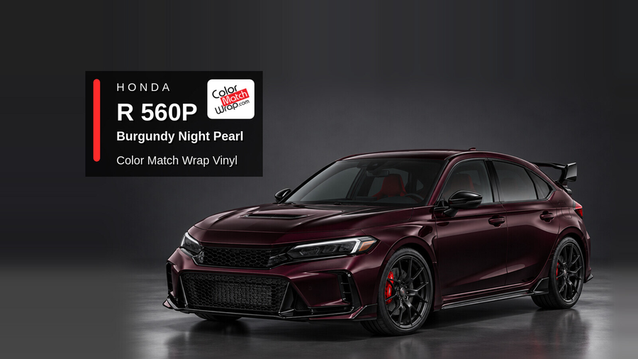 Illustrative Civic Type R-inspired hatchback in Honda R 560P Burgundy Night Pearl with Color Match Wrap branding
