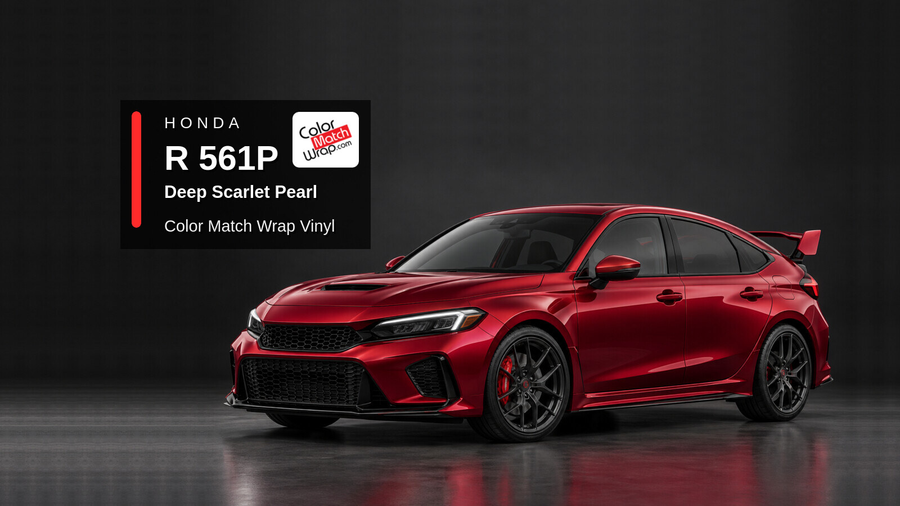 Illustrative Civic Type R-inspired hatchback in Honda R 561P Deep Scarlet Pearl with Color Match Wrap branding