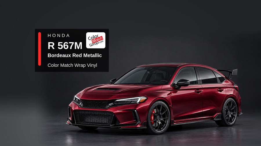 Illustrative Civic Type R-inspired hatchback in Honda R 567M Bordeaux Red Metallic with Color Match Wrap branding