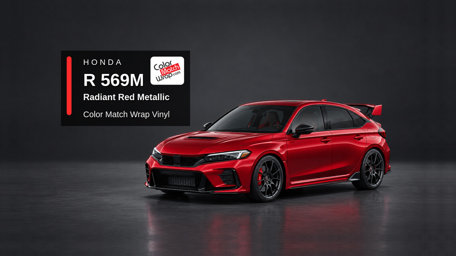 Illustrative Civic Type R-inspired hatchback in Honda R 569M Radiant Red Metallic with Color Match Wrap branding