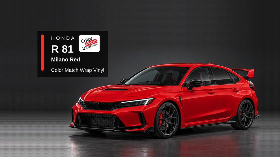Illustrative Civic Type R-inspired hatchback in Honda R 81 Milano Red with Color Match Wrap branding