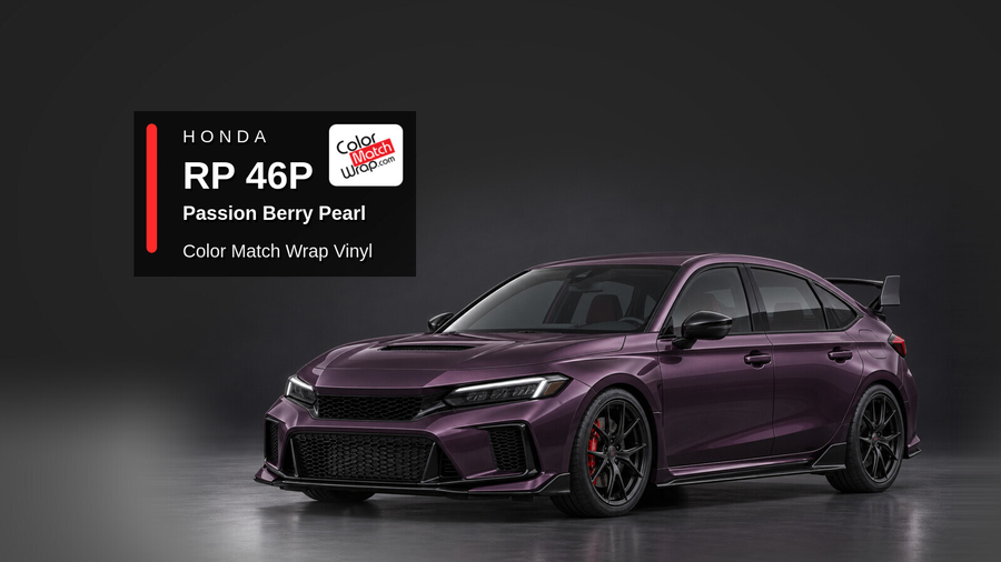 Illustrative Civic Type R-inspired hatchback in Honda RP 46P Passion Berry Pearl with Color Match Wrap branding