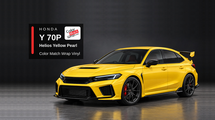 Illustrative Civic Type R-inspired hatchback in Honda Y 70P Helios Yellow Pearl with Color Match Wrap branding