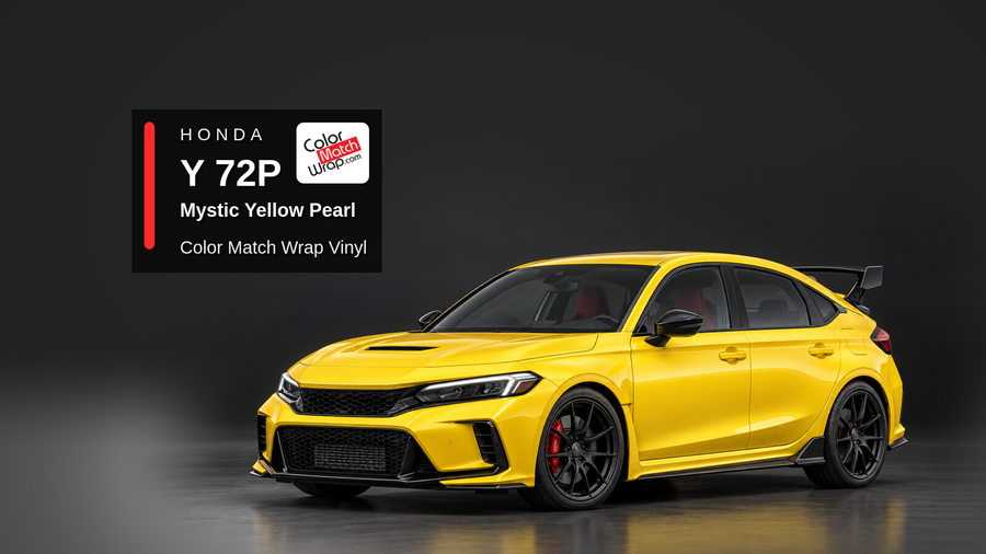 Illustrative Civic Type R-inspired hatchback in Honda Y 72P Mystic Yellow Pearl / Attract Yellow Pearl with Color Match Wrap branding