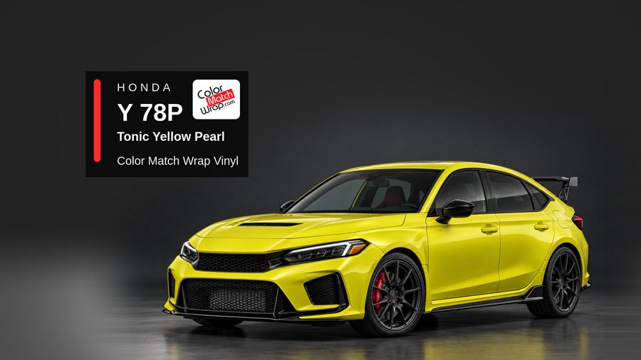 Illustrative Civic Type R-inspired hatchback in Honda Y 78P Tonic Yellow Pearl with Color Match Wrap branding