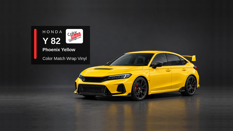 Illustrative Civic Type R-inspired hatchback in Honda Y 82 Phoenix Yellow with Color Match Wrap branding
