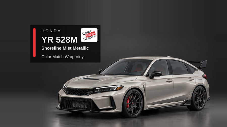 Illustrative Civic Type R-inspired hatchback in Honda YR 528M Shoreline Mist Metallic with Color Match Wrap branding