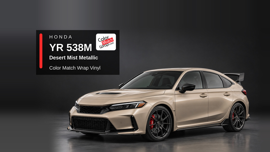 Illustrative Civic Type R-inspired hatchback in Honda YR 538M Desert Mist Metallic with Color Match Wrap branding