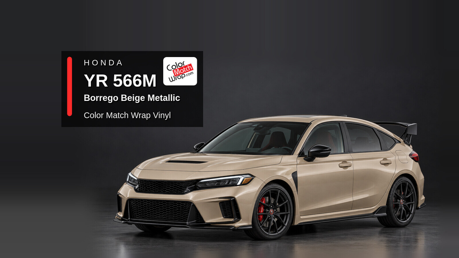 Illustrative Civic Type R-inspired hatchback in Honda YR 566M Borrego Beige Metallic with Color Match Wrap branding