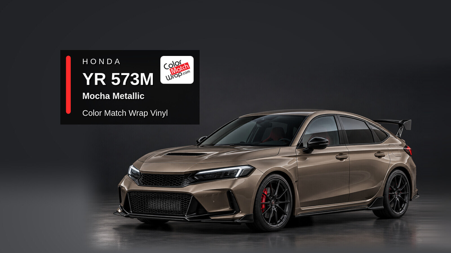 Illustrative Civic Type R-inspired hatchback in Honda YR 573M Mocha Metallic with Color Match Wrap branding