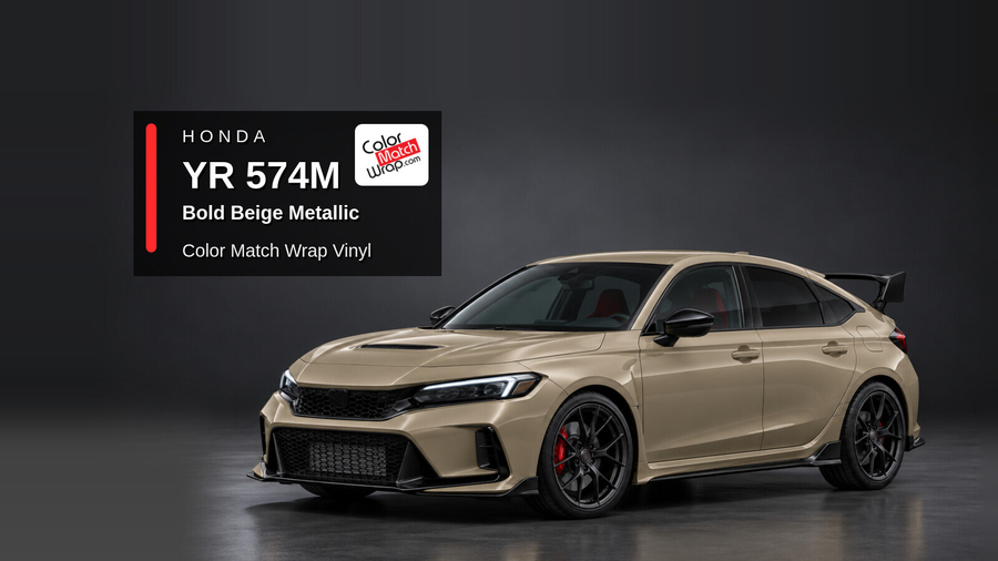 Illustrative Civic Type R-inspired hatchback in Honda YR 574M Bold Beige Metallic with Color Match Wrap branding