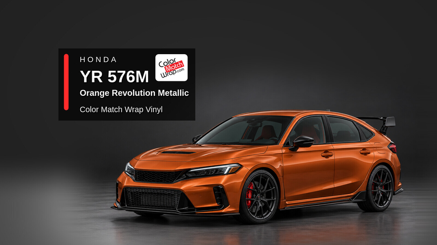 Illustrative Civic Type R-inspired hatchback in Honda YR 576M Orange Revolution Metallic with Color Match Wrap branding
